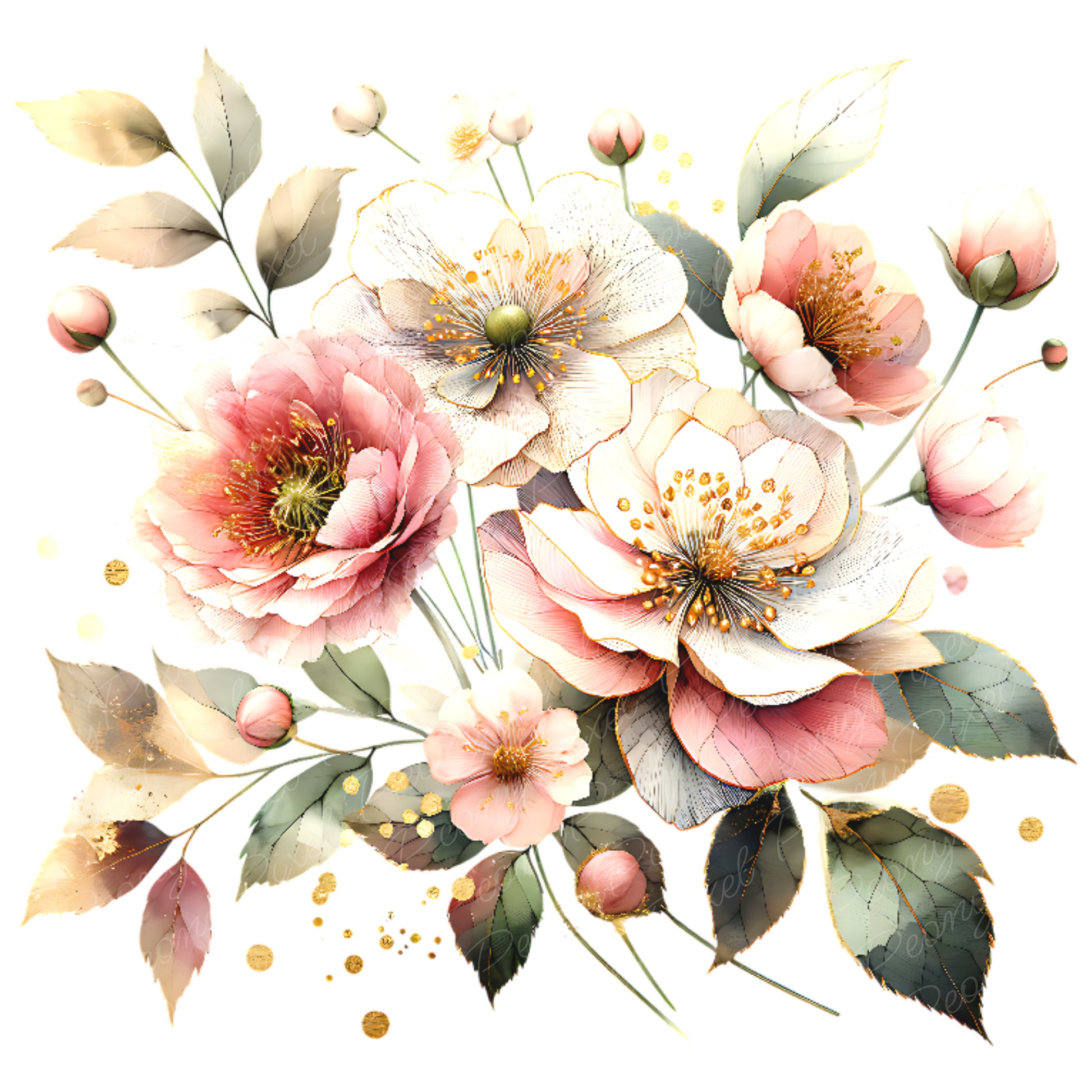 Watercolor Pink Flower Clipart Bundle: Blush Floral PNG (Digital Download)