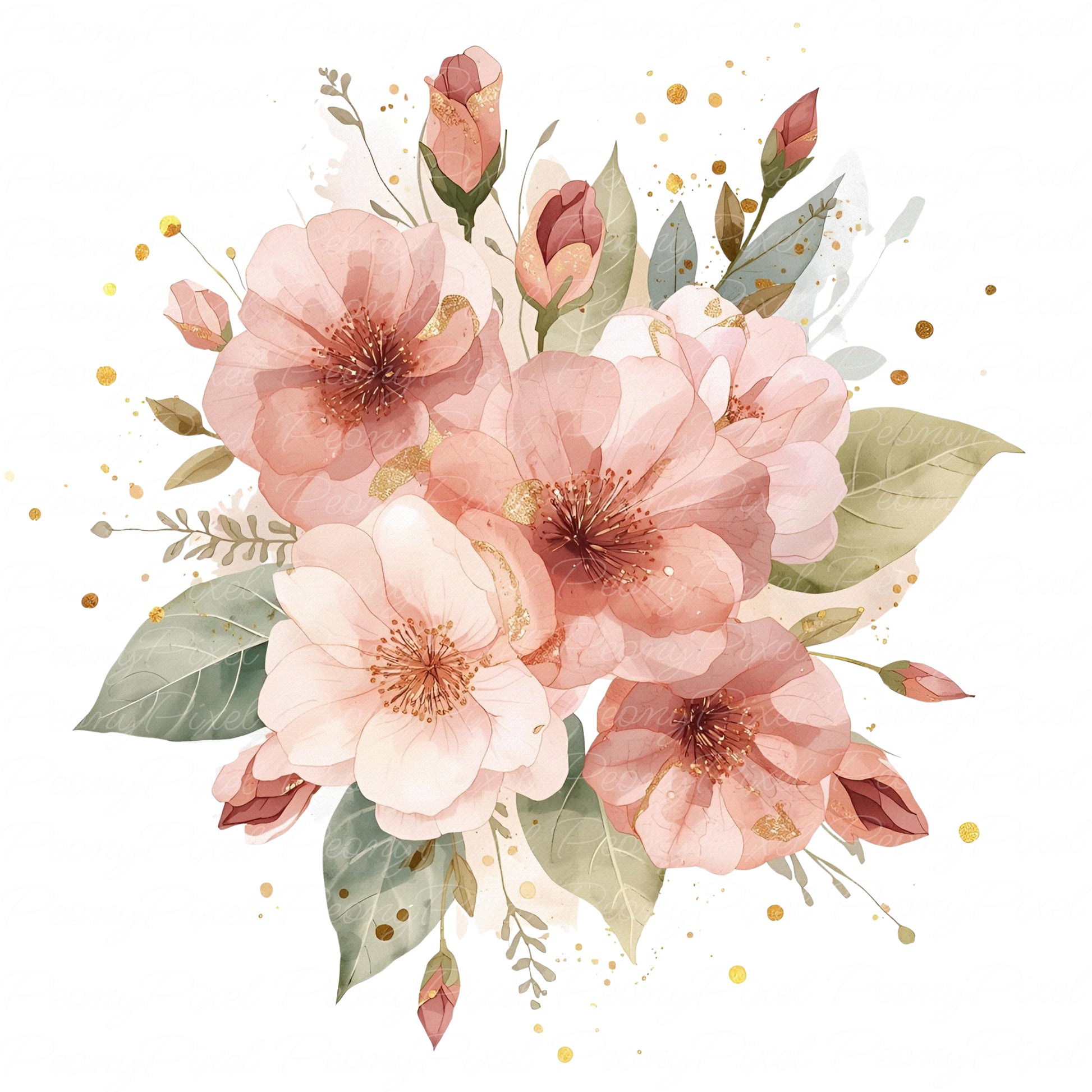 Abstract watercolor pink and peach floral clipart with gold splashes