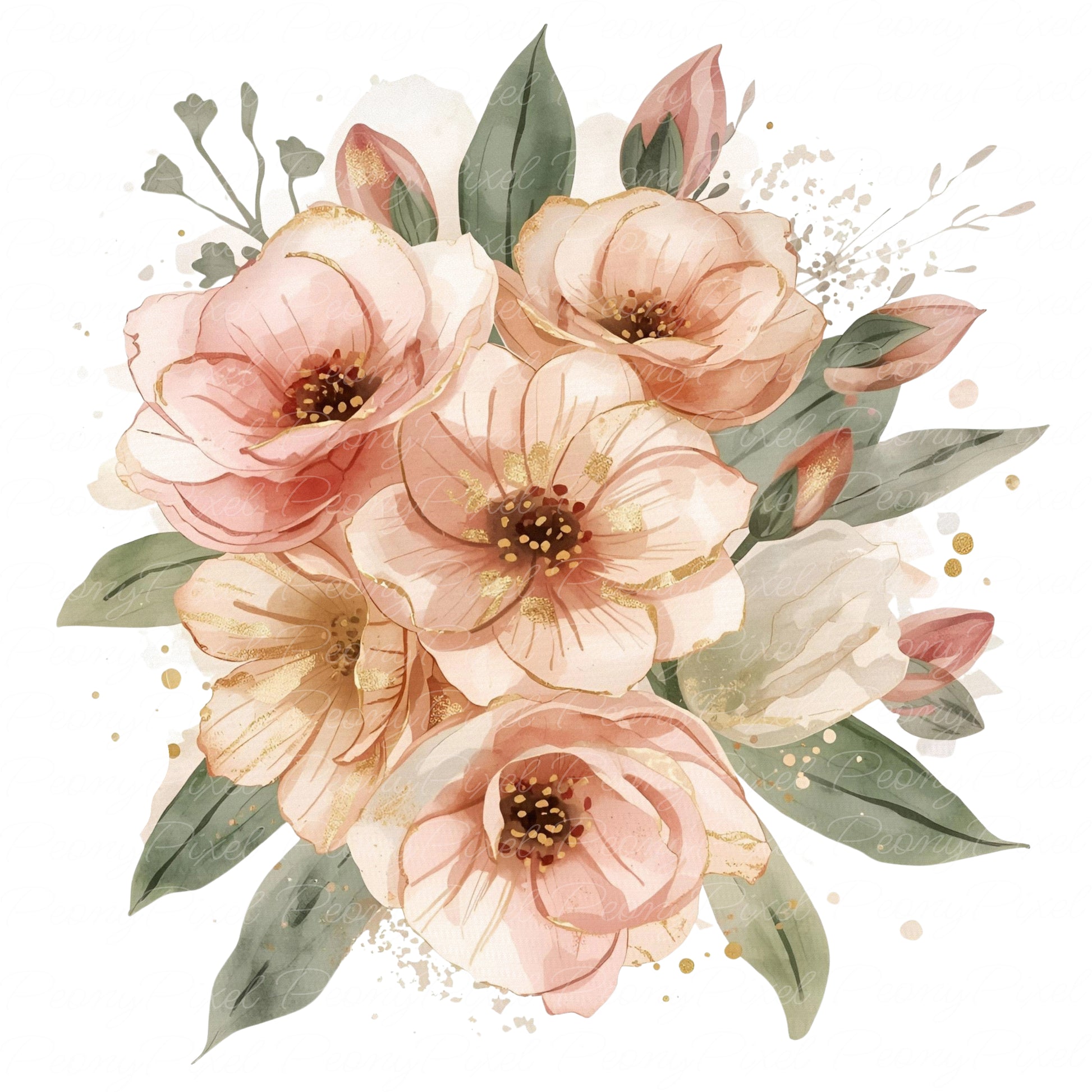 Boho watercolor blush and peach flowers with gold accents