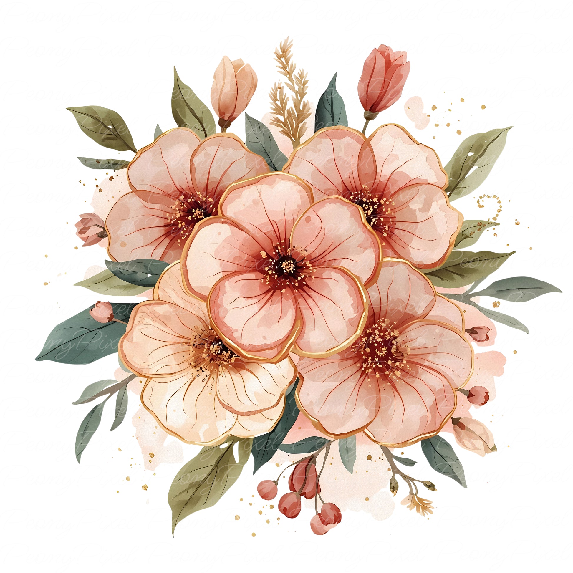 Romantic watercolor pink and peach flowers on transparent background