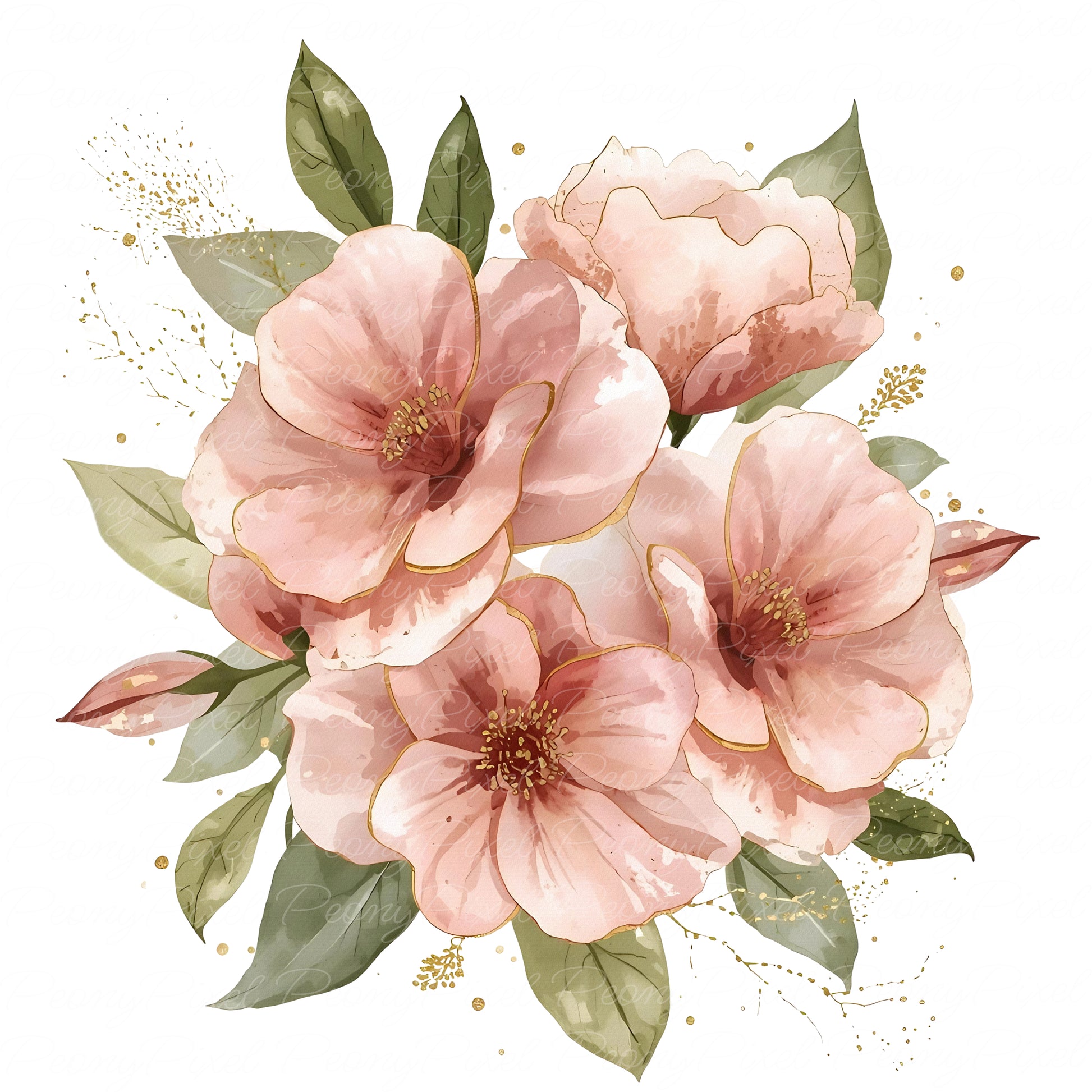 Hand-painted watercolor floral bouquet with gold details