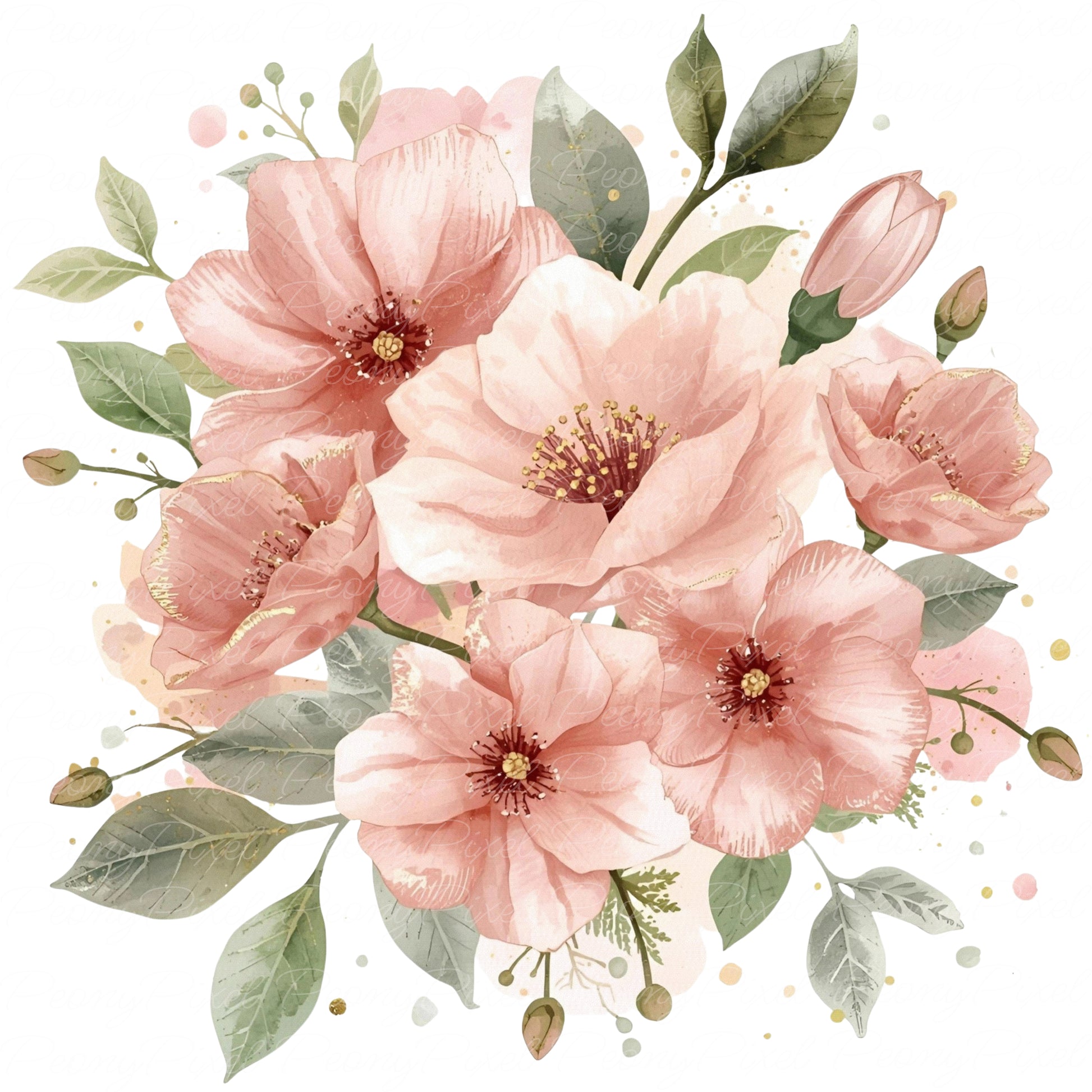 Soft watercolor pink and peach blossoms with shimmering gold splashes