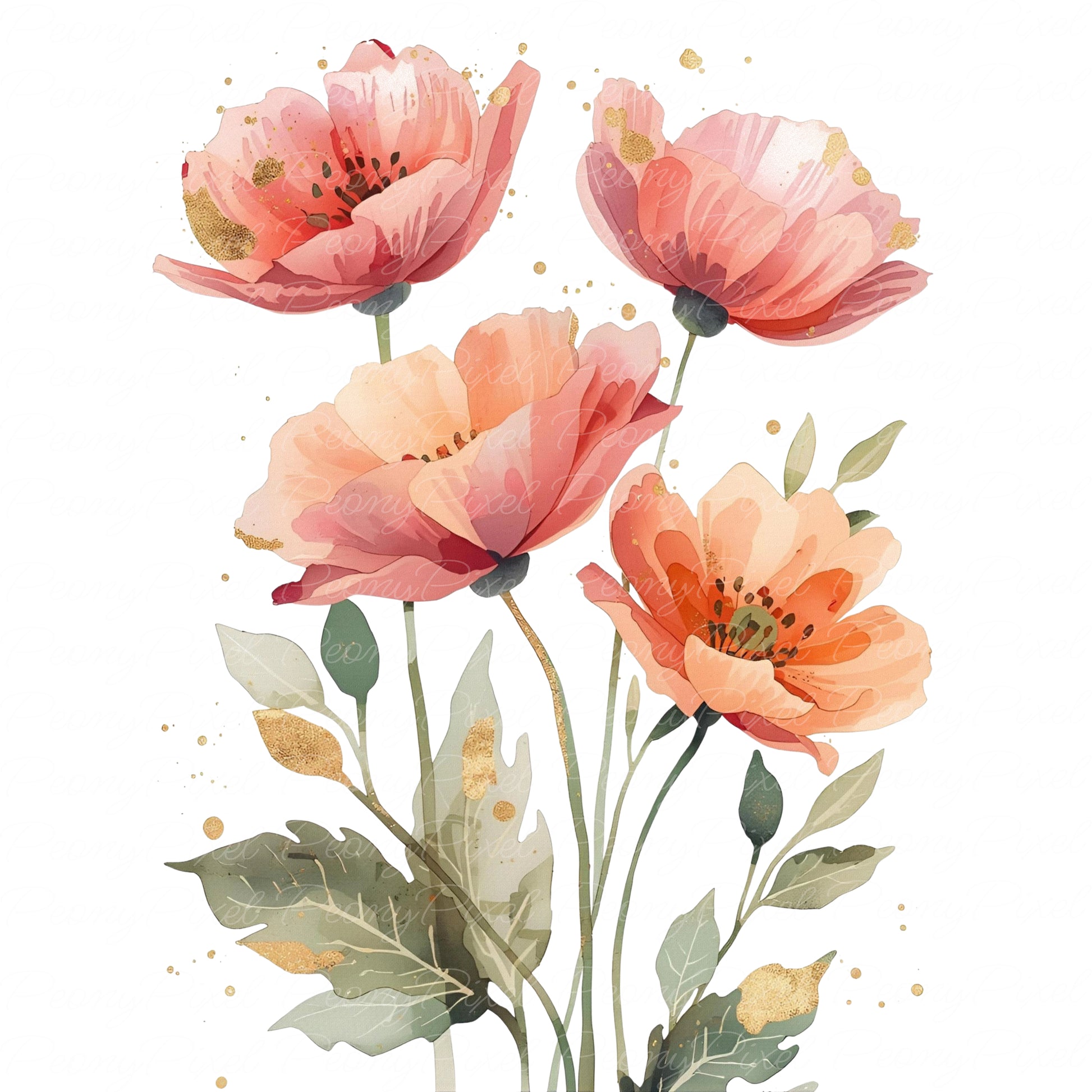 Watercolor botanical peach and blush flowers with gold texture