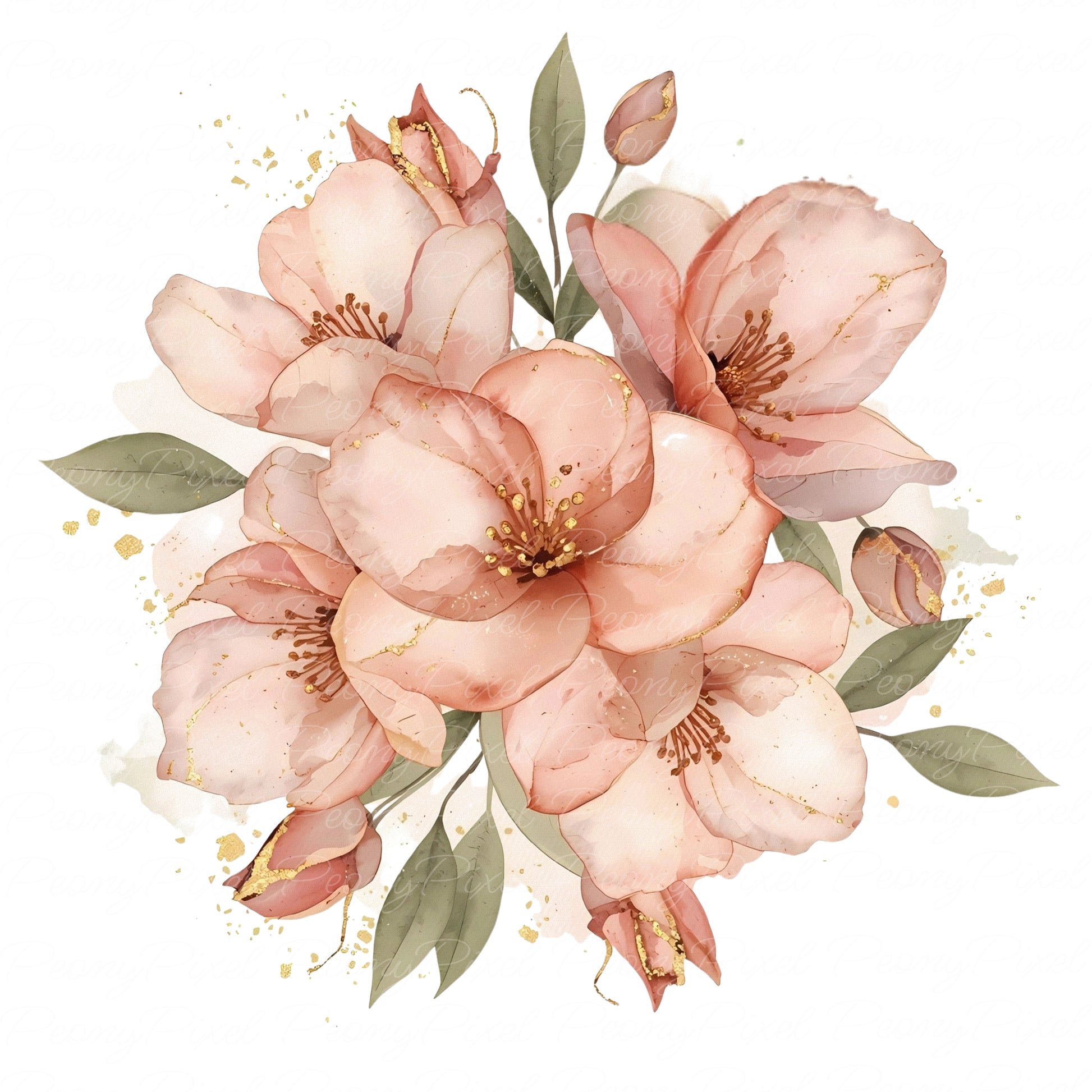 Delicate watercolor pink and peach petals with gold highlights