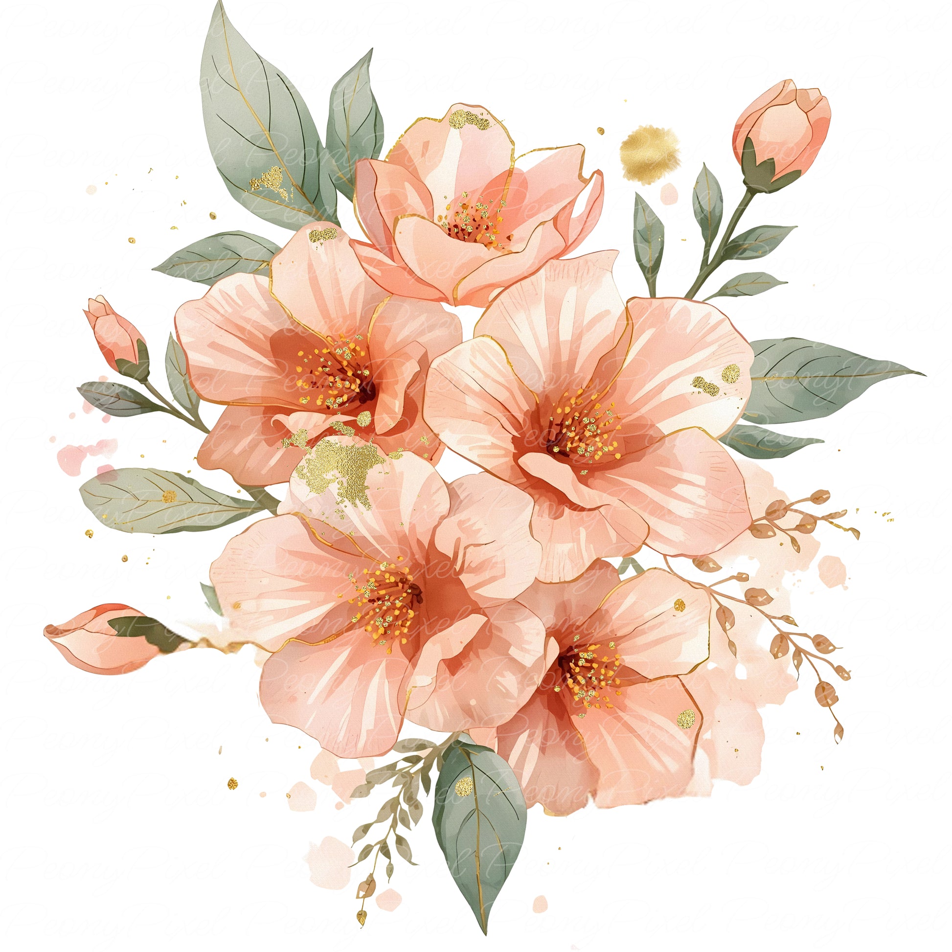Abstract watercolor blush and peach blooms with metallic gold accents