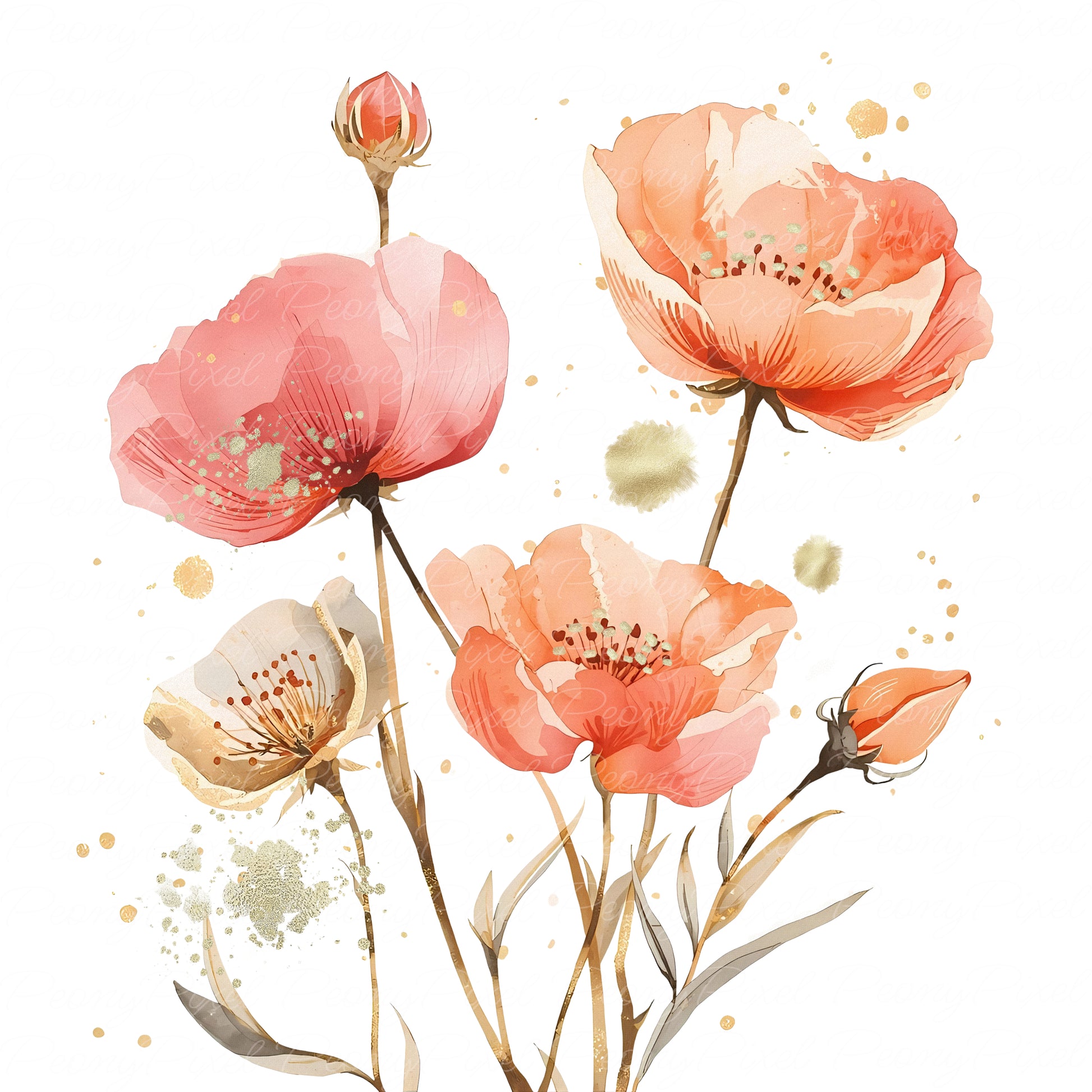 Watercolor flower arrangement with pink petals and gold speckles