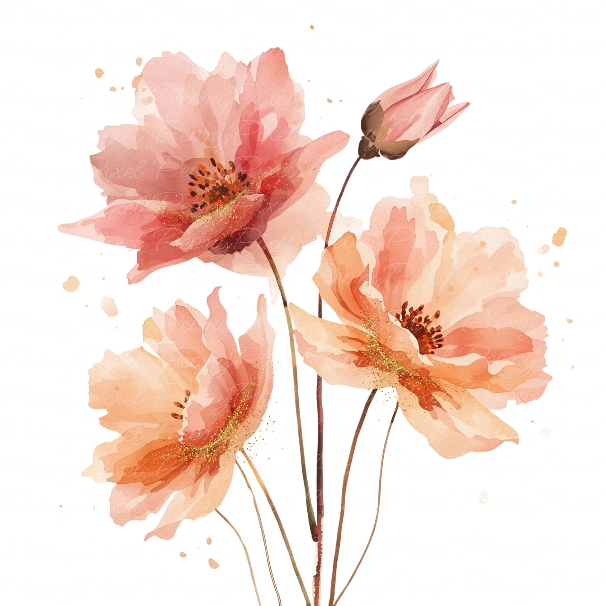 Dreamy watercolor peach and blush floral illustration with gold shimmer