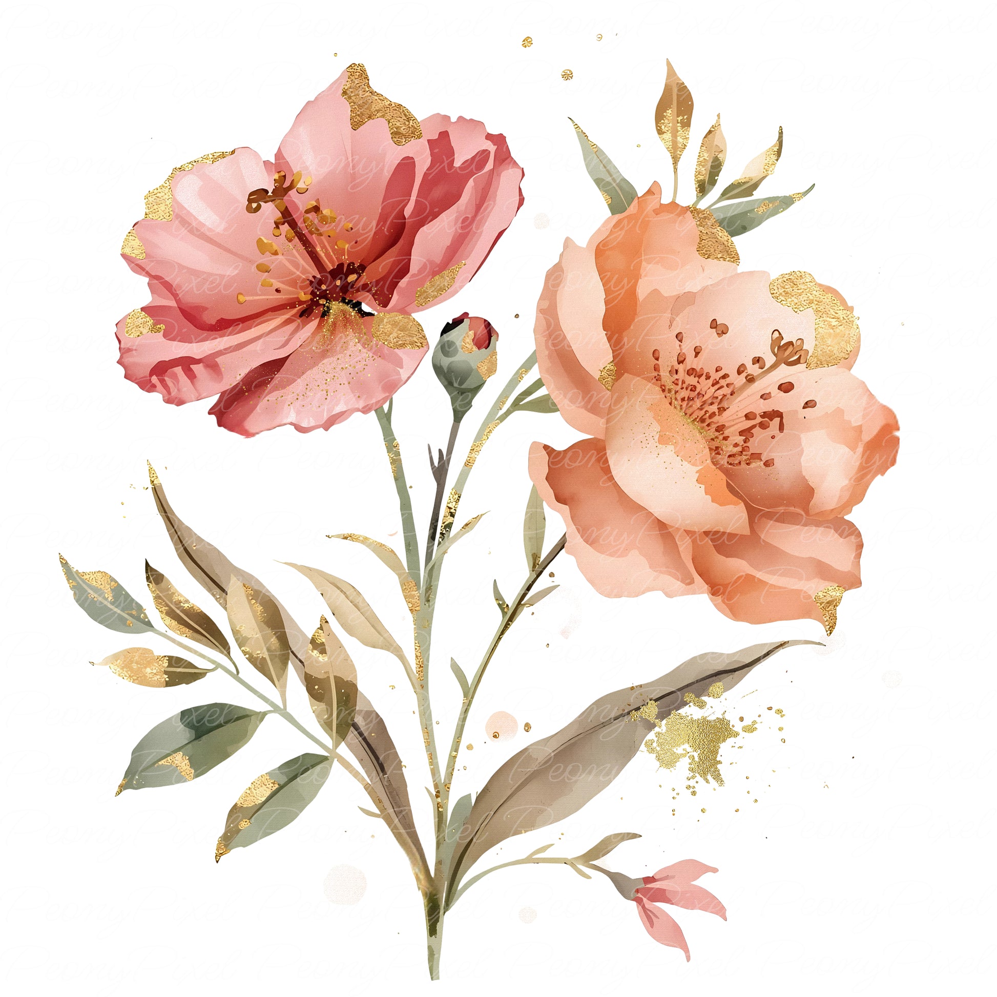 Boho abstract watercolor flower clipart with gold elements