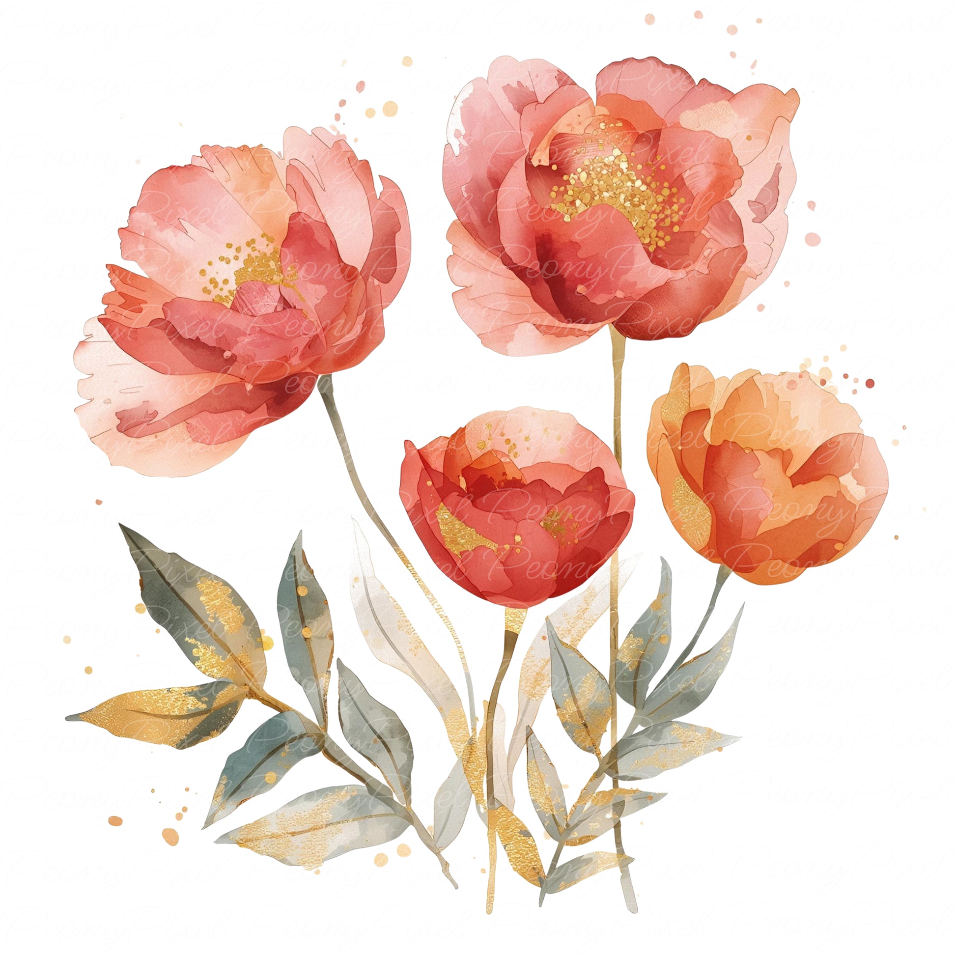 Watercolor pink and peach bouquet with gold splatter accents