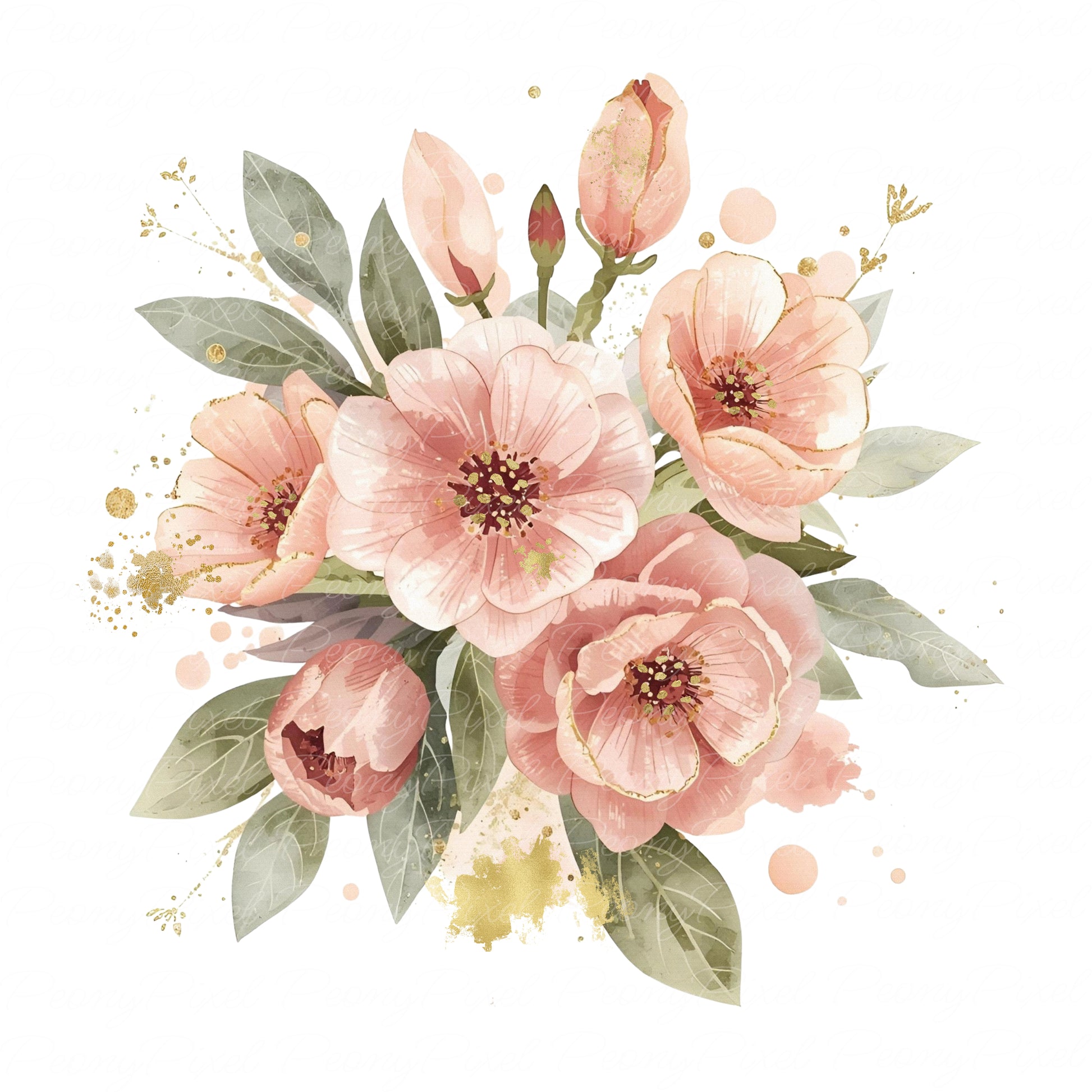 Hand-painted watercolor blush floral elements with gold sparkle