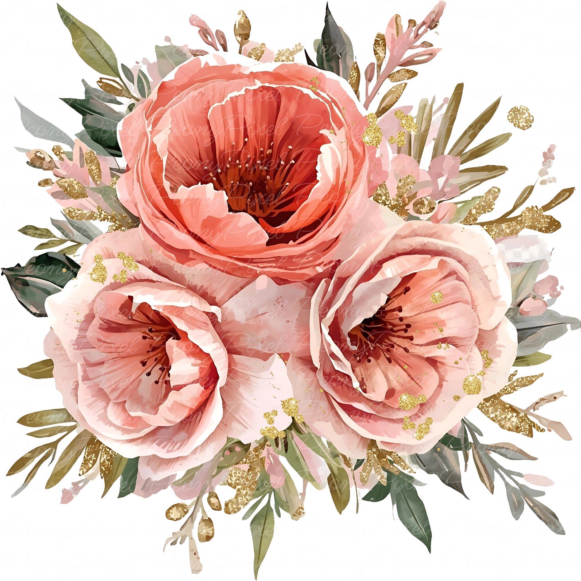 Romantic watercolor flower PNG with soft gold accents