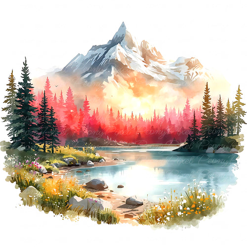 20 Watercolor Mountain Lake Clipart, Lake Landscape, Forest River Scenery, Sunrise Lake Painting, Watercolor Lake View, Digital Download.