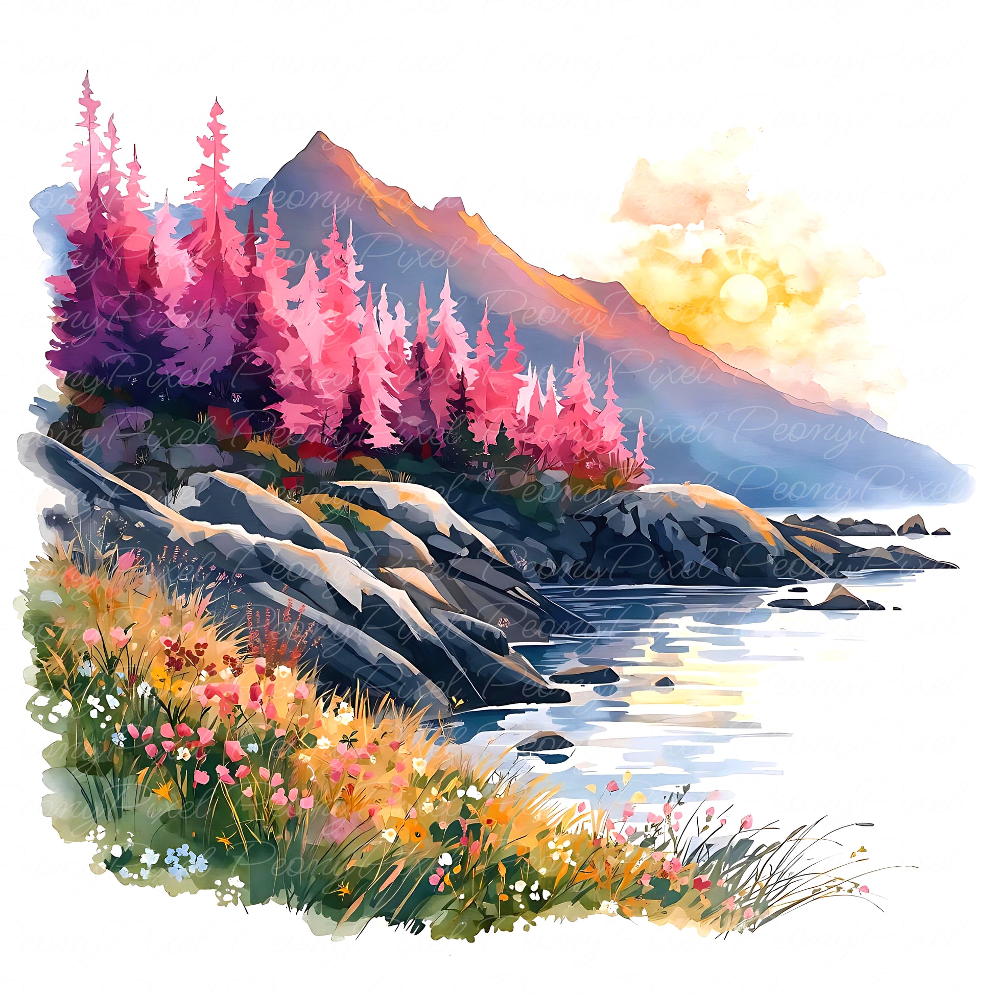 20 Watercolor Mountain Lake Clipart, Lake Landscape, Forest River Scenery, Sunrise Lake Painting, Watercolor Lake View, Digital Download.