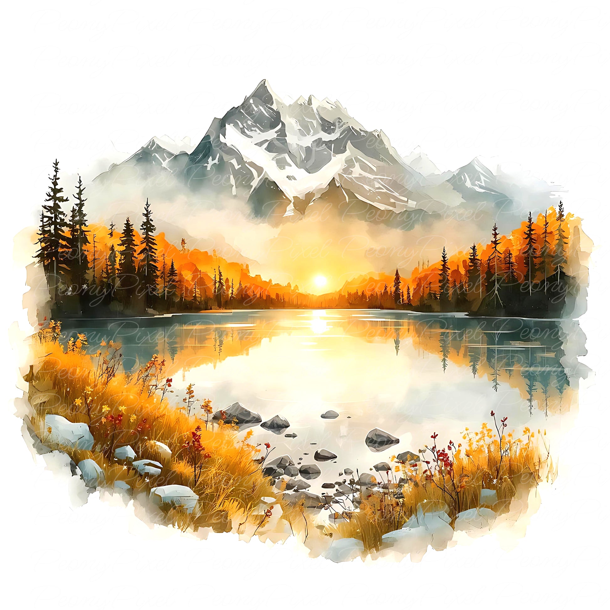 20 Watercolor Mountain Lake Clipart, Lake Landscape, Forest River Scenery, Sunrise Lake Painting, Watercolor Lake View, Digital Download.