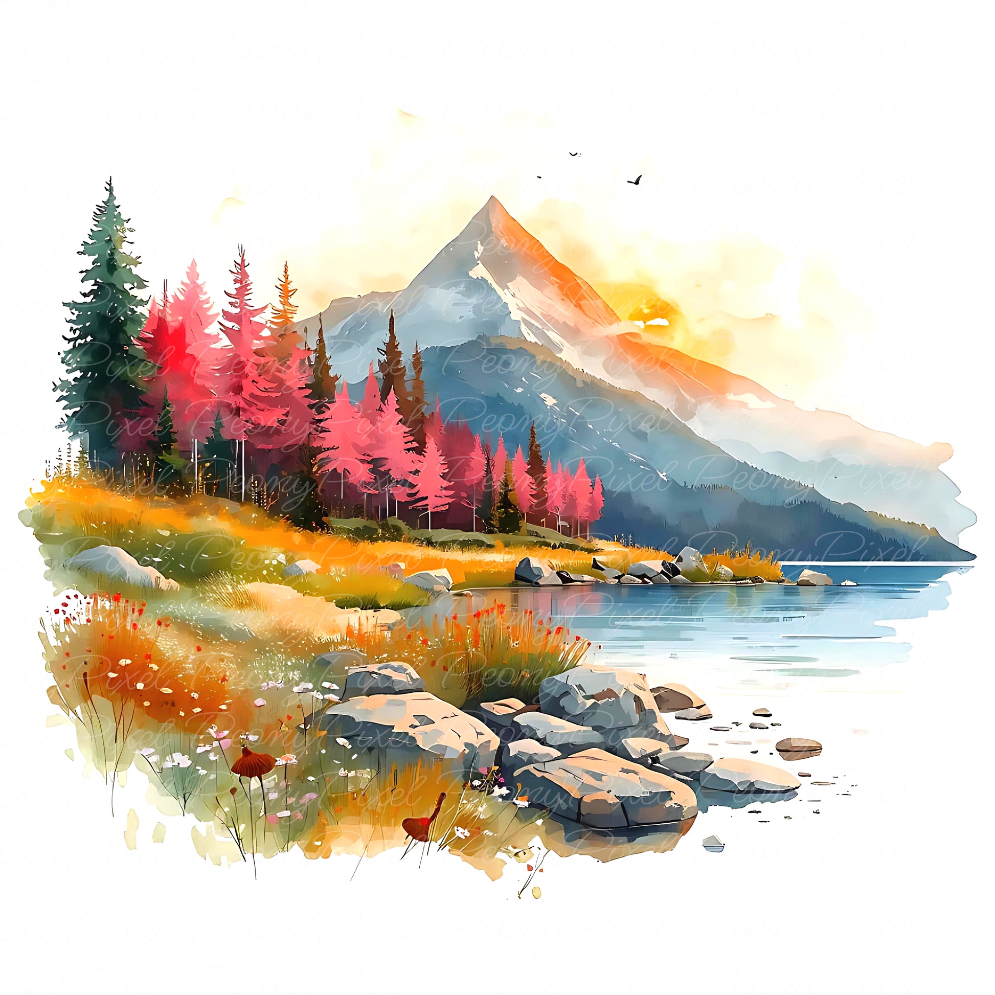 20 Watercolor Mountain Lake Clipart, Lake Landscape, Forest River Scenery, Sunrise Lake Painting, Watercolor Lake View, Digital Download.