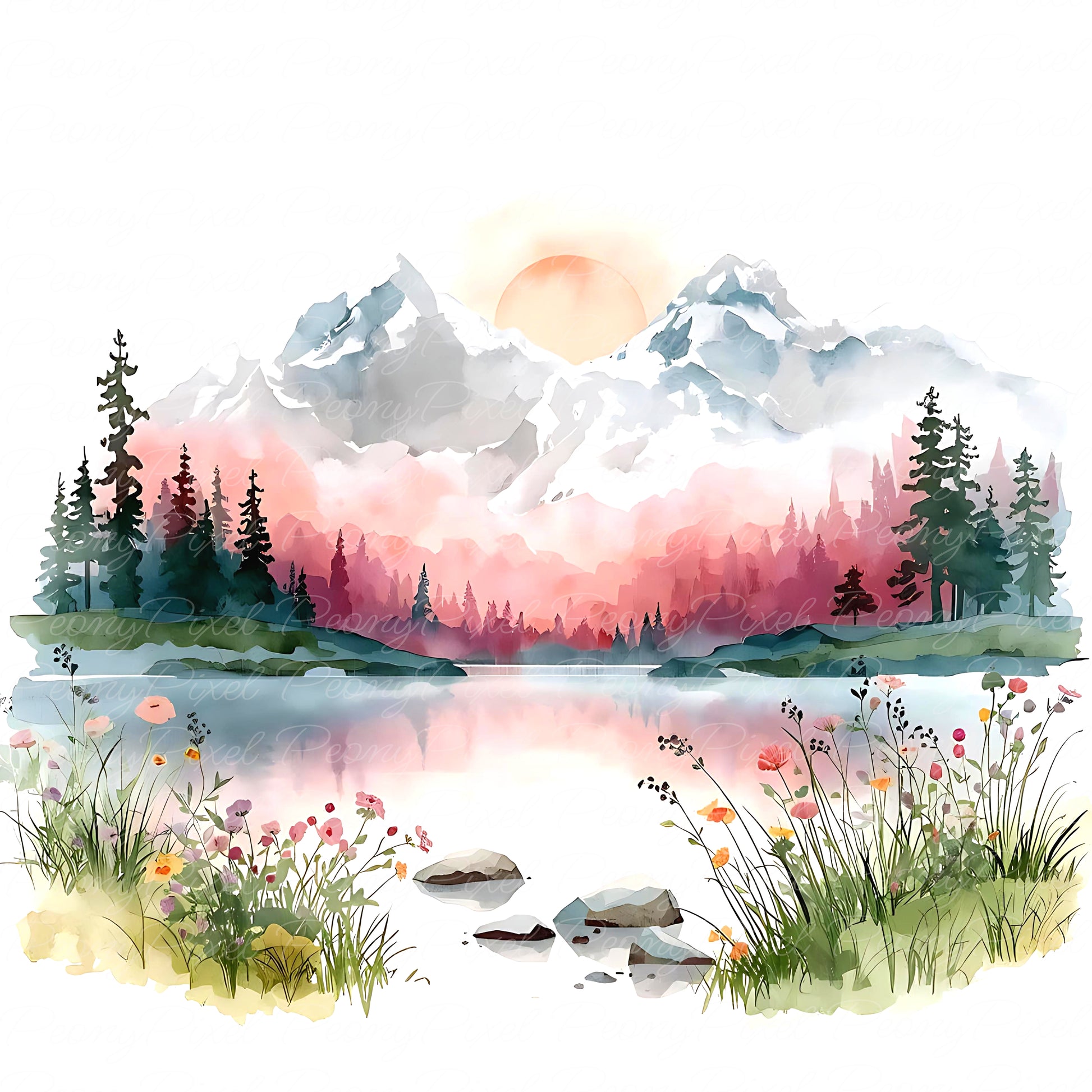 20 Watercolor Mountain Lake Clipart, Lake Landscape, Forest River Scenery, Sunrise Lake Painting, Watercolor Lake View, Digital Download.