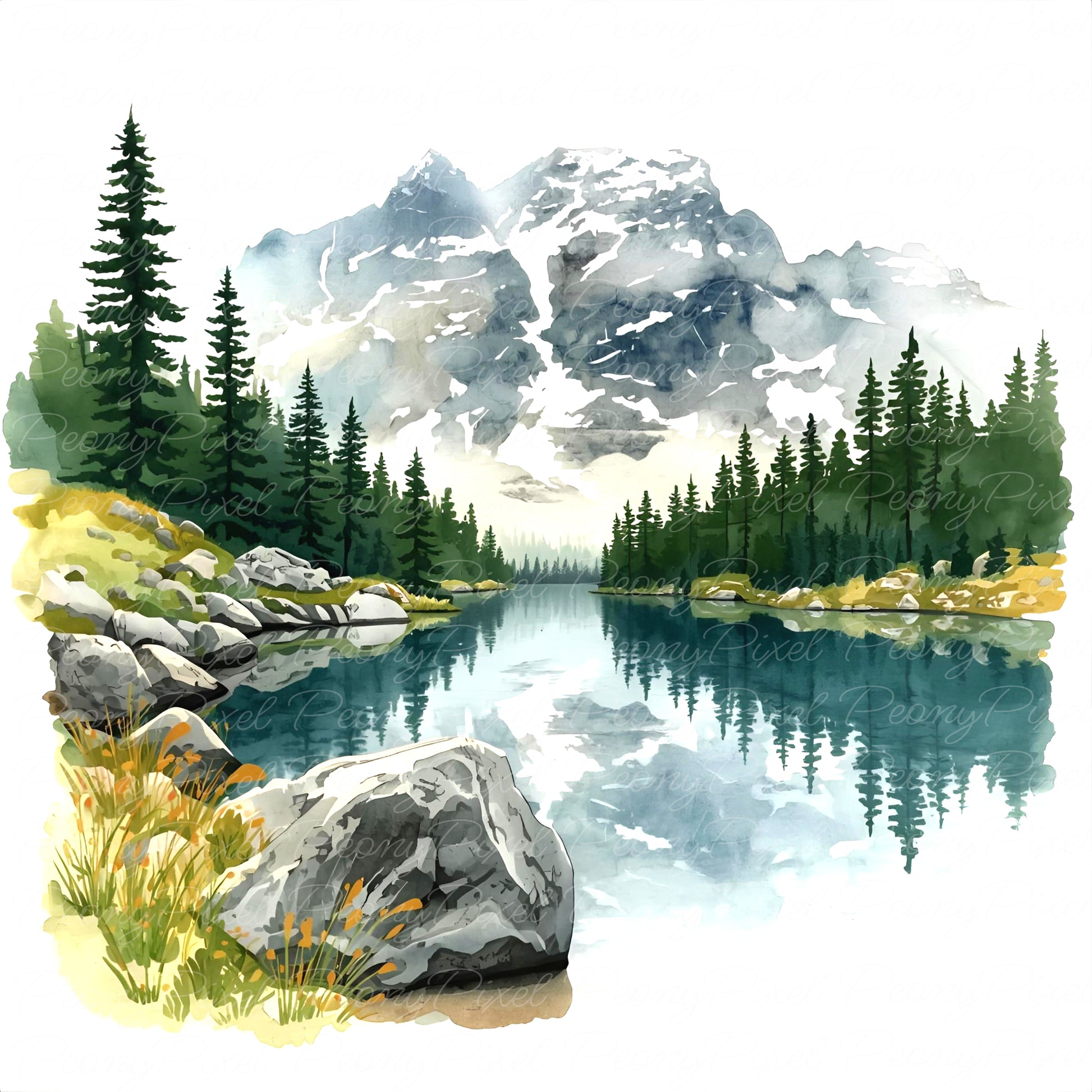 20 Watercolor Mountain Lake Clipart, Lake Landscape, Forest River Scenery, Sunrise Lake Painting, Watercolor Lake View, Digital Download.