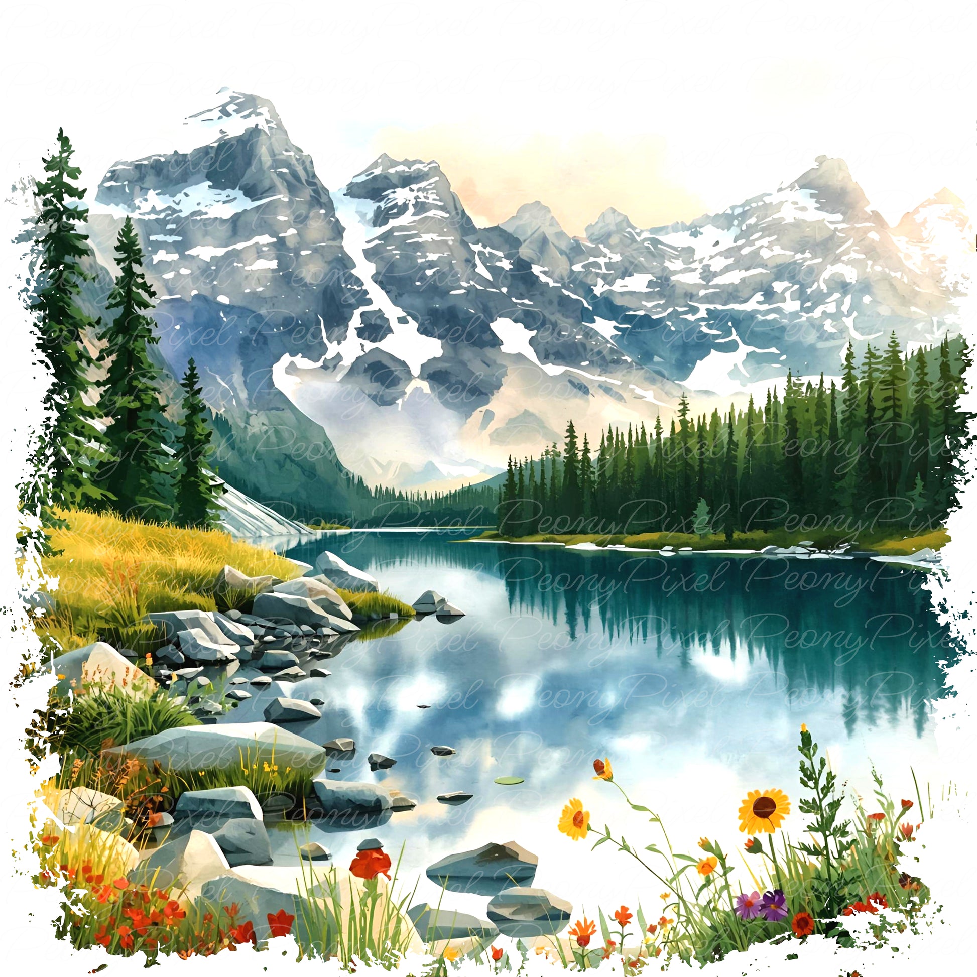 20 Watercolor Mountain Lake Clipart, Lake Landscape, Forest River Scenery, Sunrise Lake Painting, Watercolor Lake View, Digital Download.