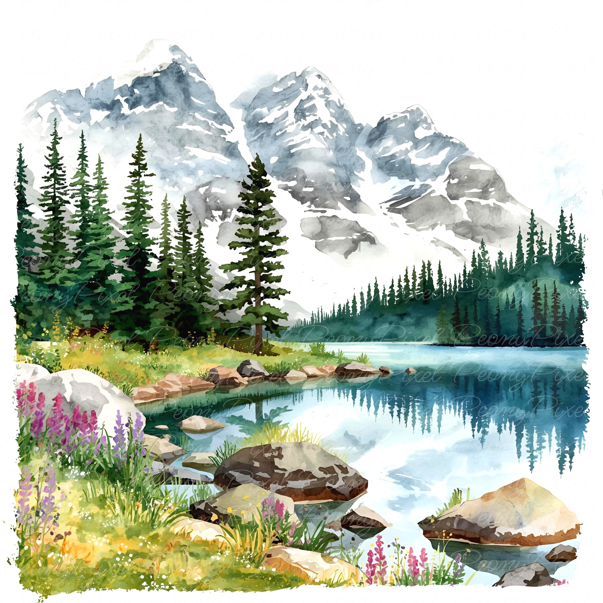 20 Watercolor Mountain Lake Clipart, Lake Landscape, Forest River Scenery, Sunrise Lake Painting, Watercolor Lake View, Digital Download.