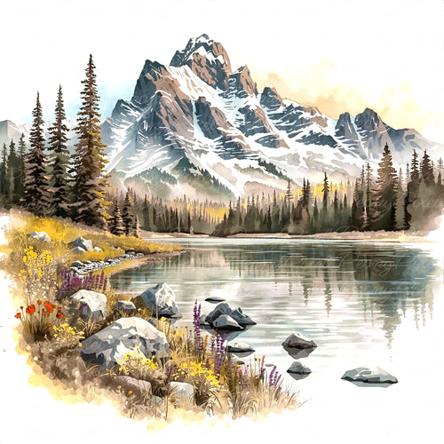 20 Watercolor Mountain Lake Clipart, Lake Landscape, Forest River Scenery, Sunrise Lake Painting, Watercolor Lake View, Digital Download.