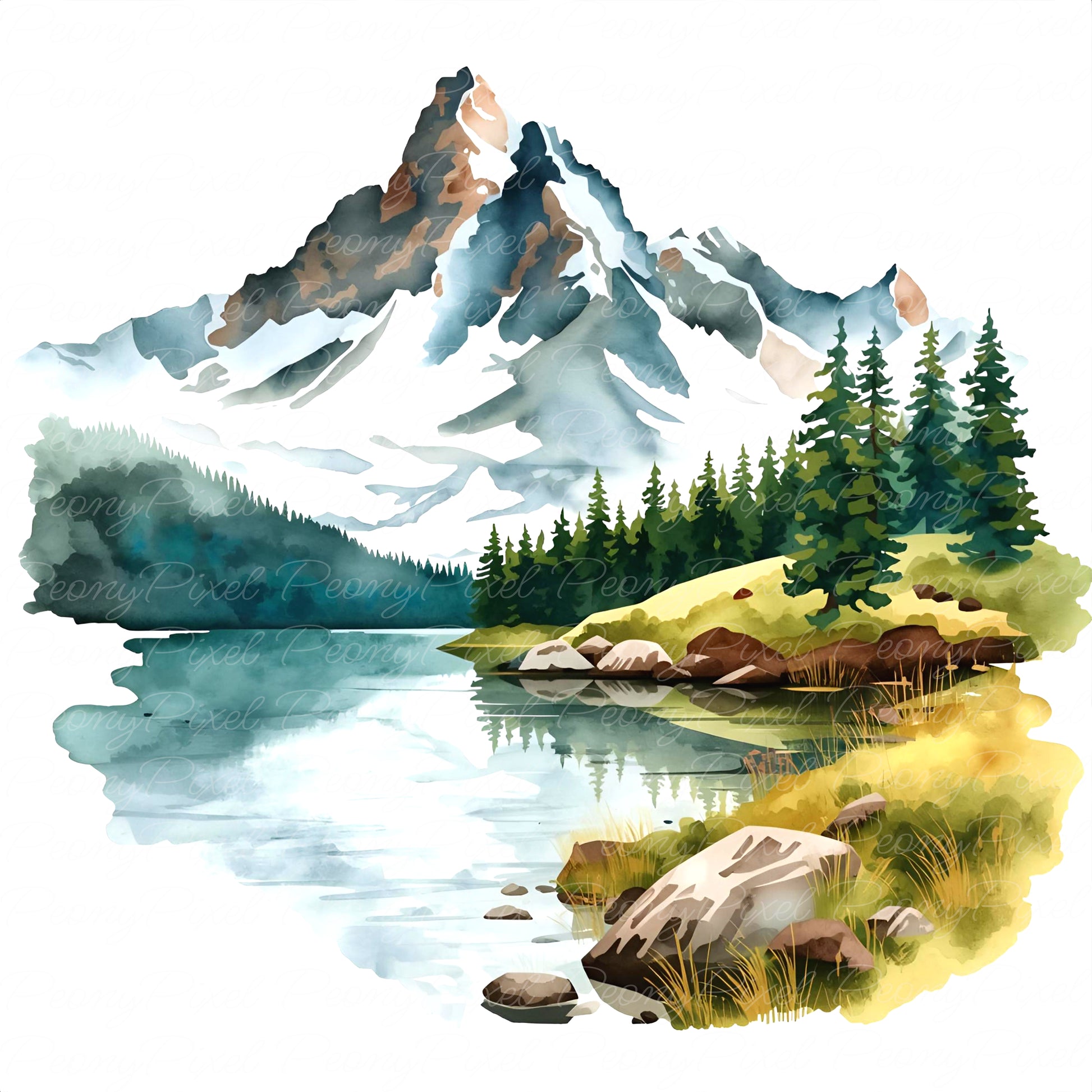 20 Watercolor Mountain Lake Clipart, Lake Landscape, Forest River Scenery, Sunrise Lake Painting, Watercolor Lake View, Digital Download.