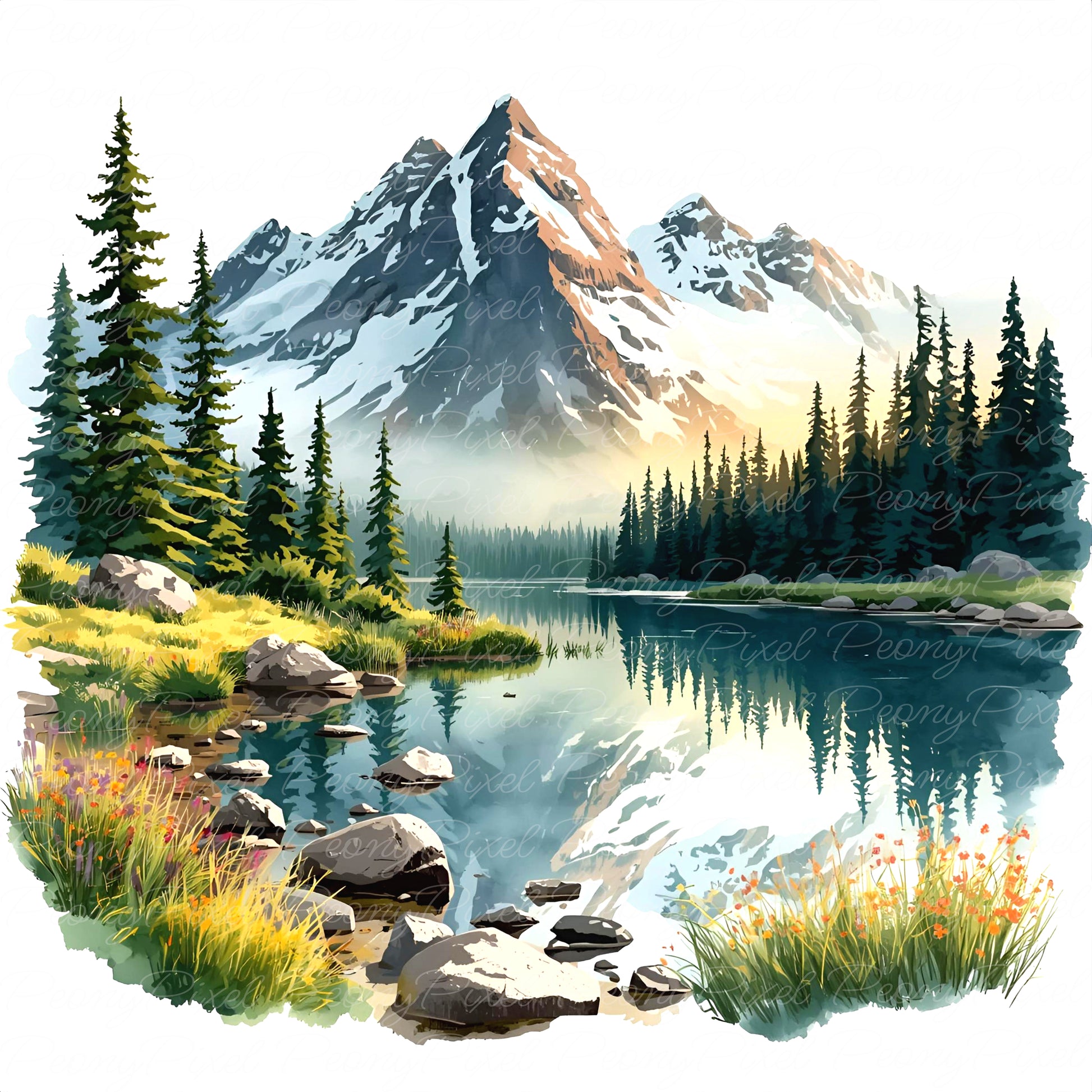 20 Watercolor Mountain Lake Clipart, Lake Landscape, Forest River Scenery, Sunrise Lake Painting, Watercolor Lake View, Digital Download.