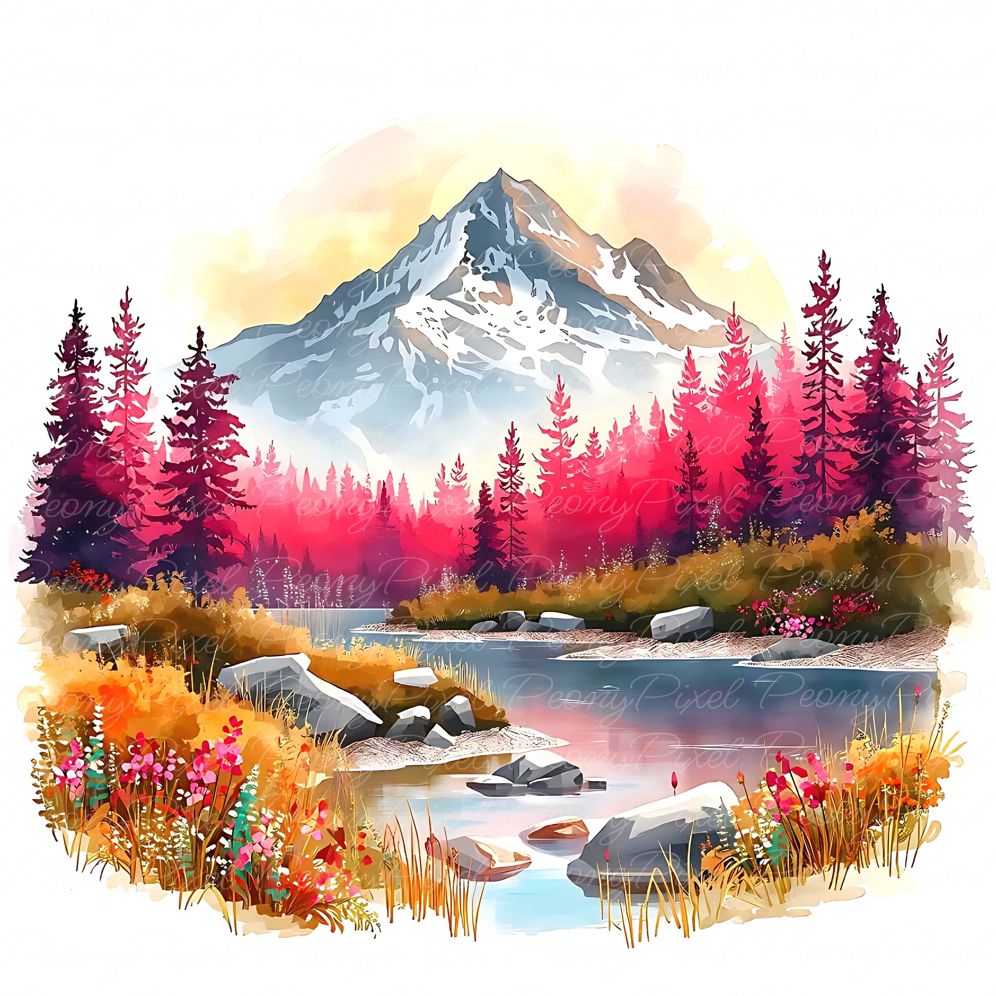 20 Watercolor Mountain Lake Clipart, Lake Landscape, Forest River Scenery, Sunrise Lake Painting, Watercolor Lake View, Digital Download.