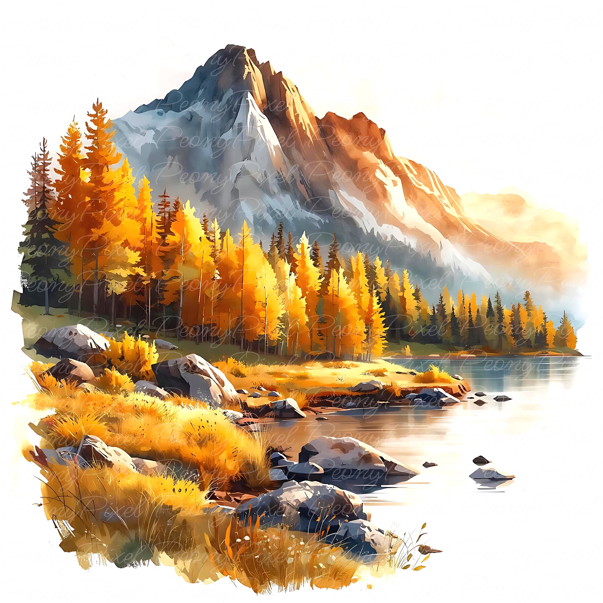 20 Watercolor Mountain Lake Clipart, Lake Landscape, Forest River Scenery, Sunrise Lake Painting, Watercolor Lake View, Digital Download.