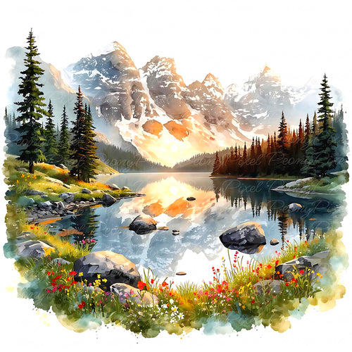 Watercolor mountain lake clipart with sunrise sky, pine trees, and calm water, perfect for digital downloads, invitations, wall art, and rustic crafts.