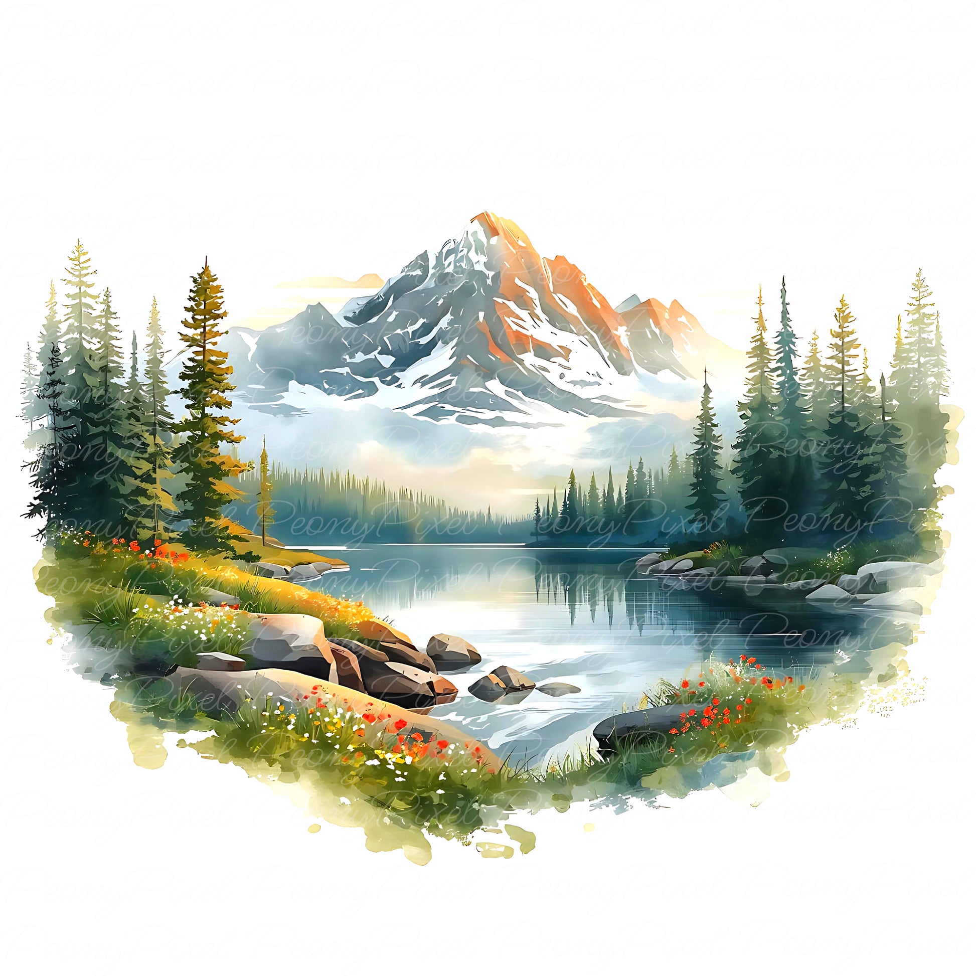 Serene mountain lake watercolor with misty peaks and calm blue water, ideal for invitations, posters, planners, branding, and rustic outdoor crafts.