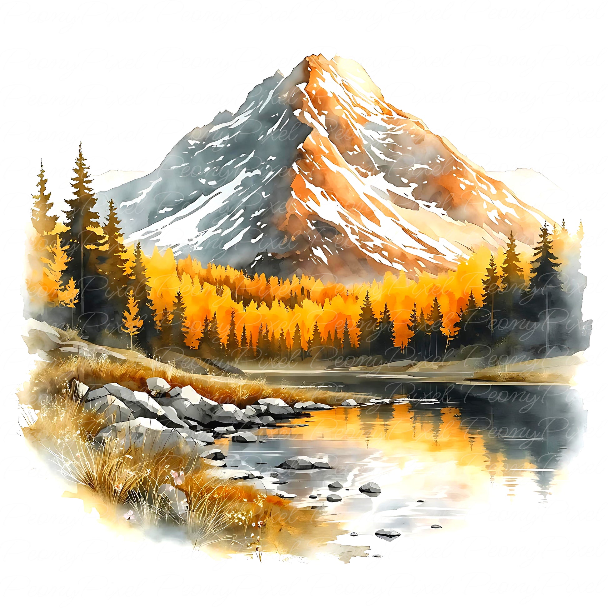 Scenic watercolor river and lake landscape with mountain backdrop and pine trees, ideal for greeting cards, scrapbooks, stickers, and wall décor.