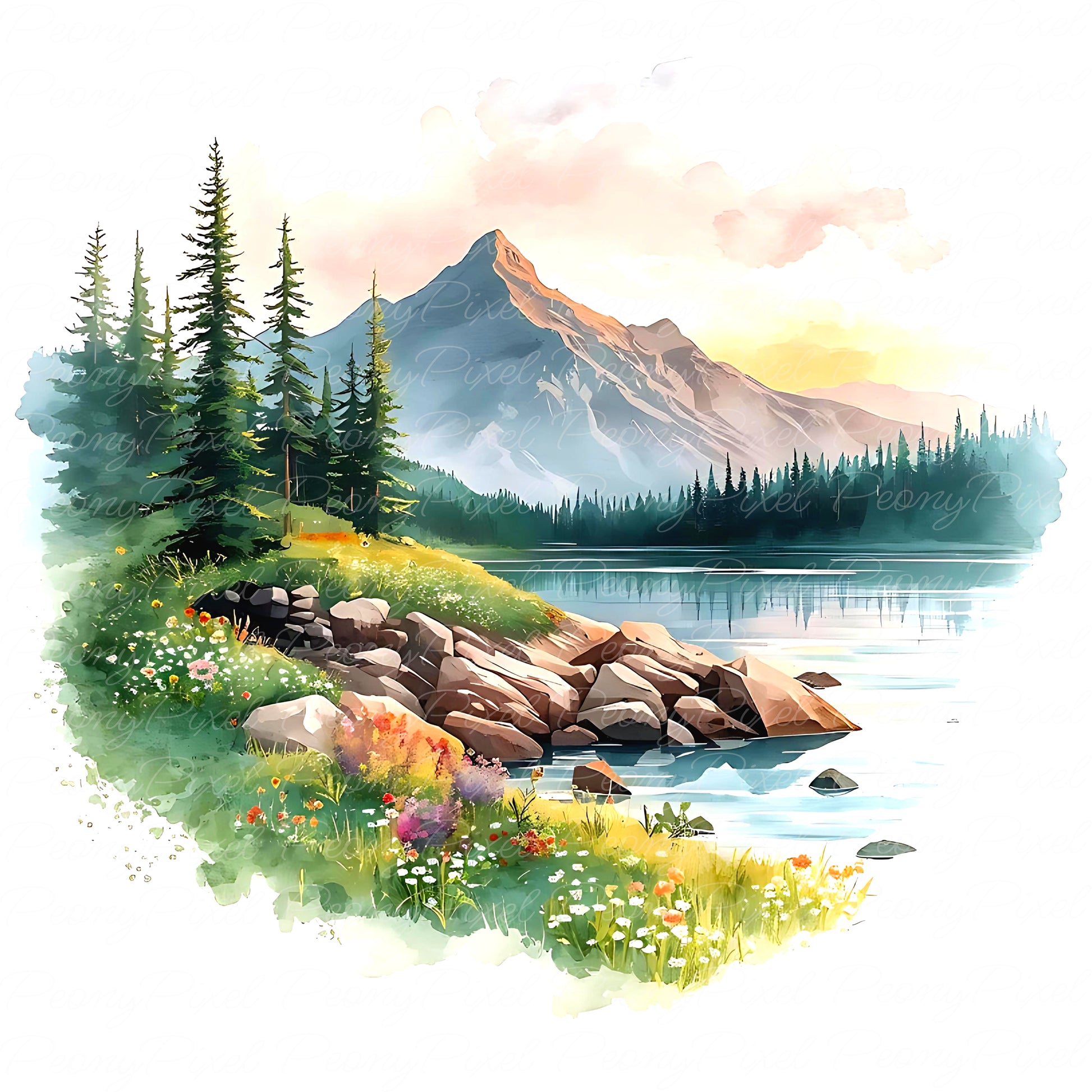 Watercolor nature lake view with soft blue water, mountains, and forest edge, perfect for printable art, digital planners, and wedding stationery.
