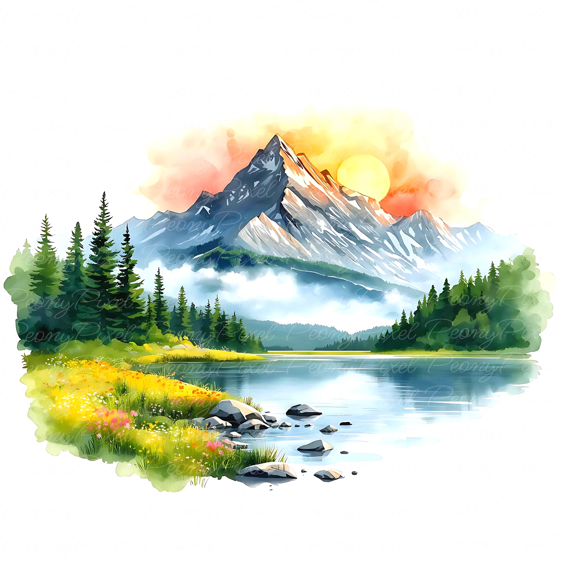 Mountain lake watercolor with rustic forest horizon and sunrise glow, great for wall prints, branding, junk journals, and DIY creative projects.