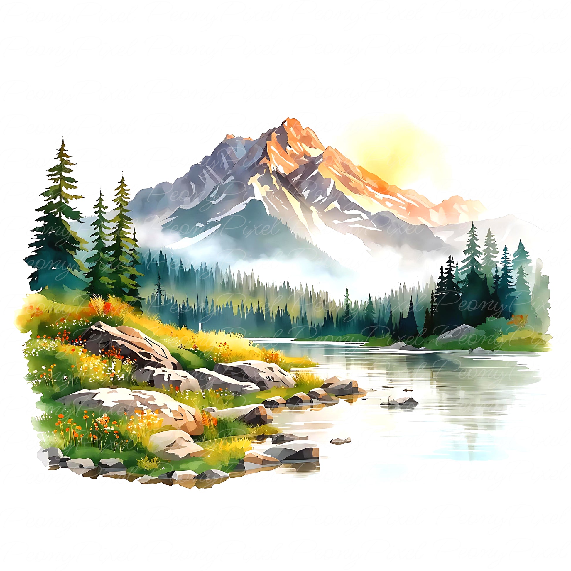 Boho rustic watercolor mountain lake with peaceful riverside trees, perfect for stickers, wedding invites, printable décor, and planners.