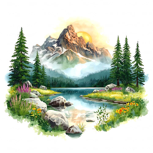 Serene mountain lake watercolor landscape with river reflections and forest pines, ideal for junk journals, planners, wedding décor, and printable art.