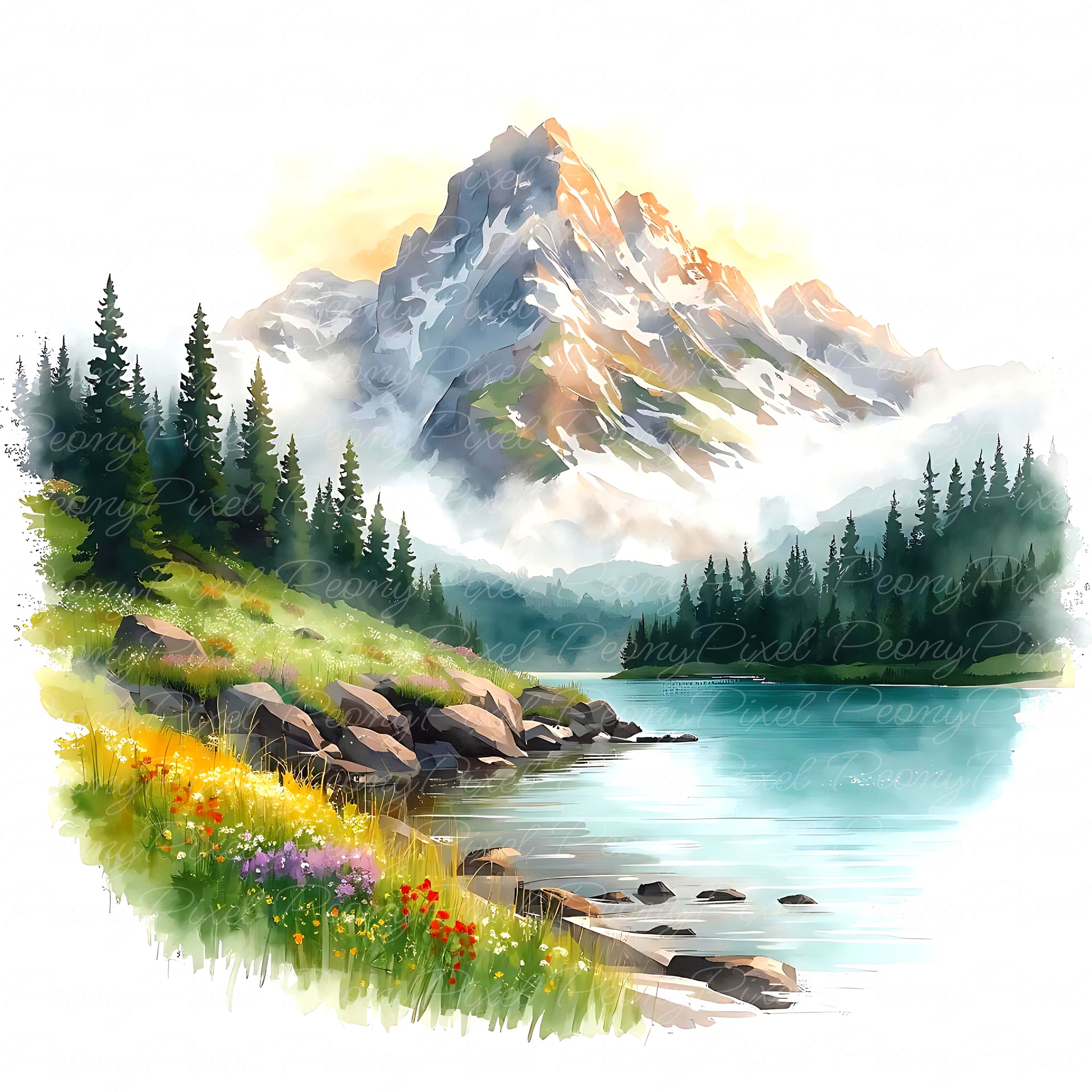 Watercolor wilderness lake and pine forest scene with sunrise mountains, ideal for wedding invitations, digital downloads, stickers, and wall prints.