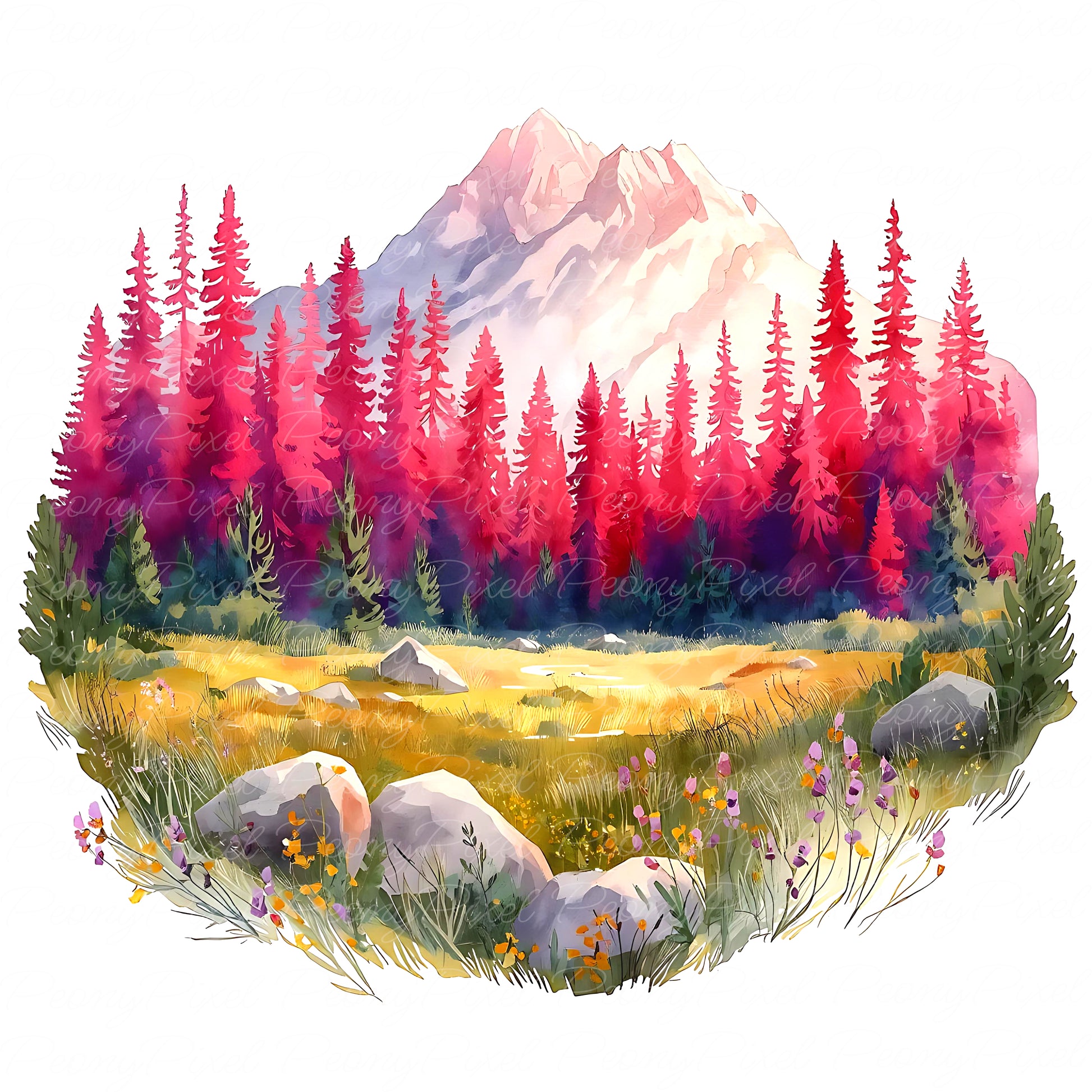 Calm lake view watercolor with forest reflection, soft mountain peaks, and morning light, perfect for digital planners, cards, posters, and scrapbooks.